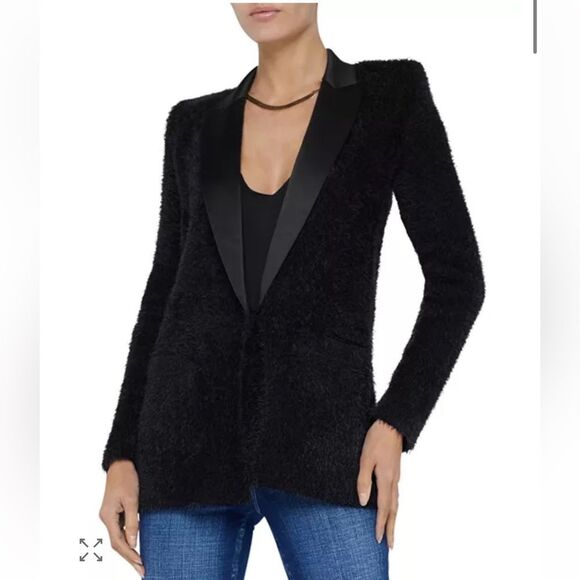 NEW L’Agence Baileigh Satin Lapel Fuzzy Knit Cardigan Black Size Medium - Picture 3 of 9
